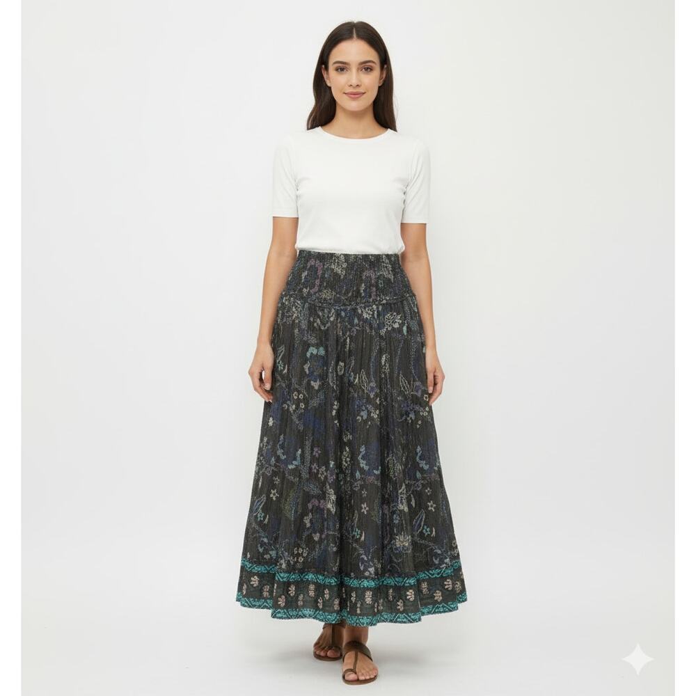 Maria Cher Black Blue Abstract Metallic Maxi Skirt 100% Cotton Women size Large